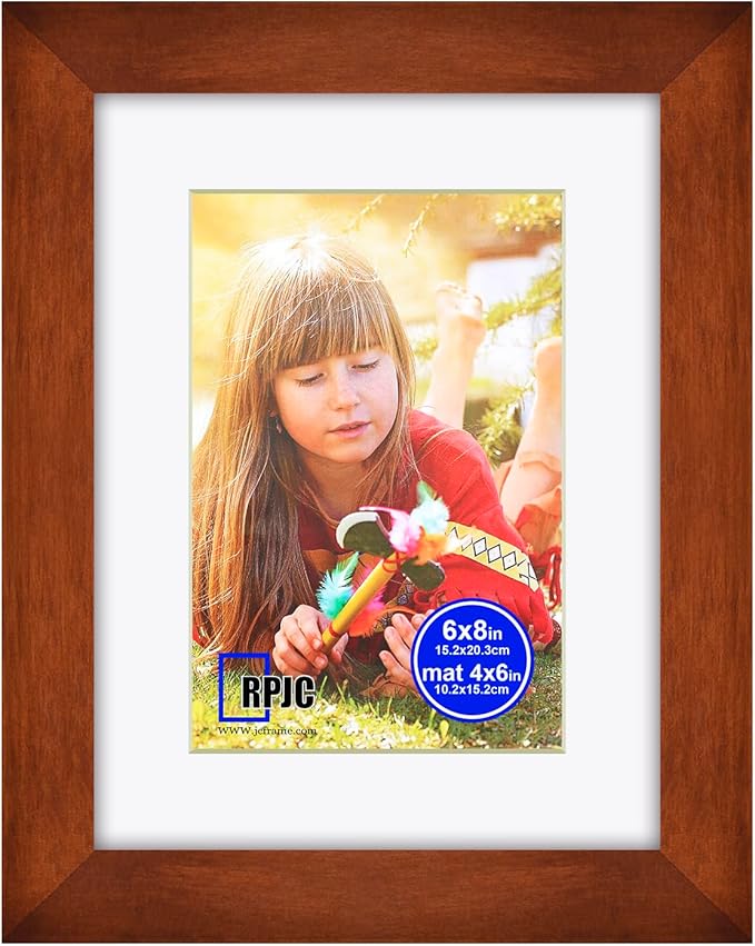 RPJC 6x8 inch Picture Frame Made of Solid Wood and High Definition Glass Display Pictures 4x6 with Mat or 6x8 Without Mat for Wall Mounting Photo Frame Brown