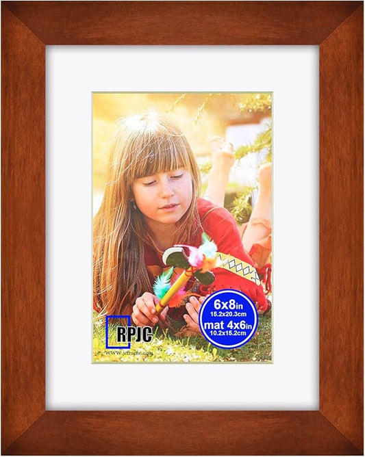 RPJC 6x8 inch Picture Frame Made of Solid Wood and High Definition Glass Display Pictures 4x6 with Mat or 6x8 Without Mat for Wall Mounting Photo Frame Brown