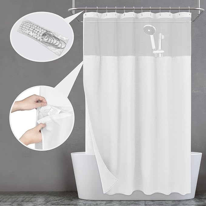 N&Y HOME Waffle Weave Shower Curtain with Snap-in Fabric Liner Set, 12 White Hooks Included - Hotel Style, Waterproof & Washable, Heavyweight Fabric & Mesh Top Window - 71x72, White
