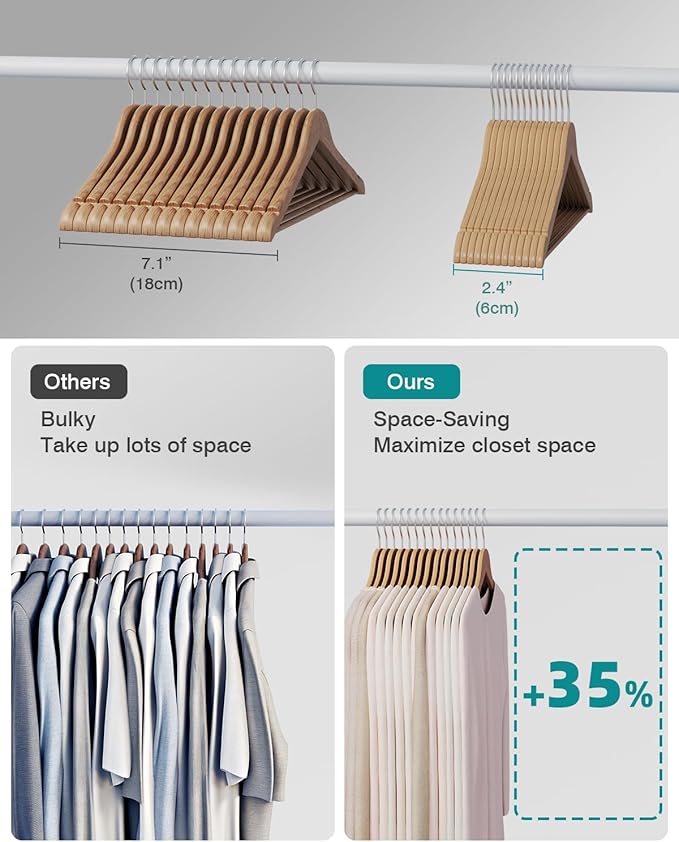 30 Pack Wooden Coat Hangers, 360° Swivel Hook, Suit Hangers with Anti-Slip Notches, Clothes Hangers for Jackets, Shirts, Dress, Natural UAWY0530N
