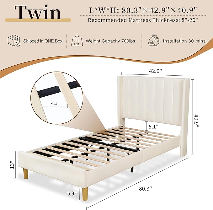 Twin Size Upholstered Platform Bed Frame with Modern Wingback & Vertical Panel Headboard, Velvet Fabric, Wooden Legs & Slats Support, No Box Spring Needed, Noise-Free & Easy Assembly, Cream