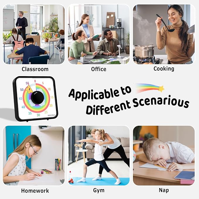 Secura 60-Minute Visual Timer, 7.5 Inch Magnetic Rainbow Countdown Timer for Classroom or Kitchen, Durable Mechanical Timer Clock with Magnetic Backing (Black & Star)