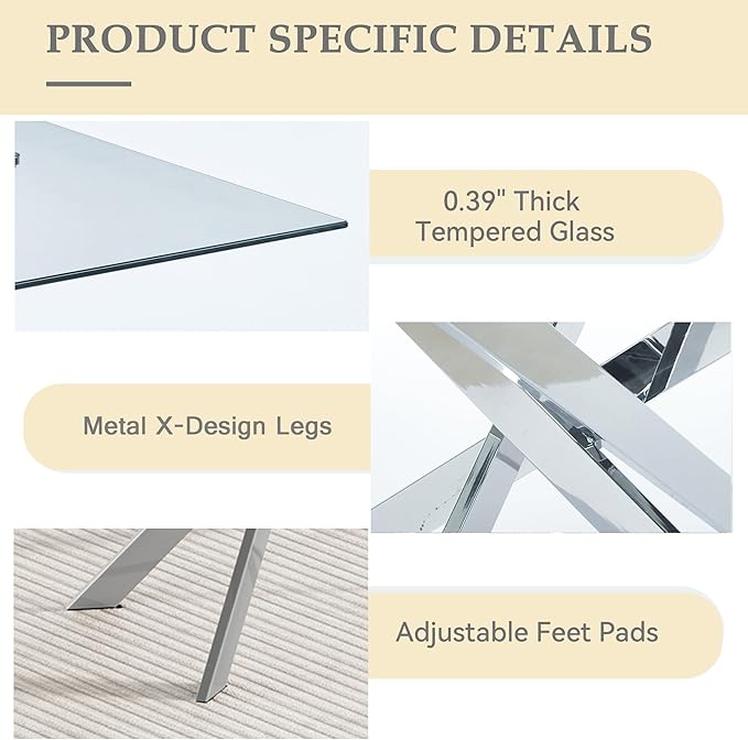 51'' Silver Glass Dining Table Set for 6,7 Piece Kitchen Table and Chairs Set with Metal Legs and 6 PU Leather Dining Chairs for Kitchen Room Small Spaces