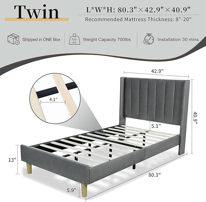 Twin Size Upholstered Platform Bed Frame with Modern Wingback & Vertical Panel Headboard, Velvet Fabric, Wooden Legs & Slats Support, No Box Spring Needed, Noise-Free & Easy Assembly, Grey