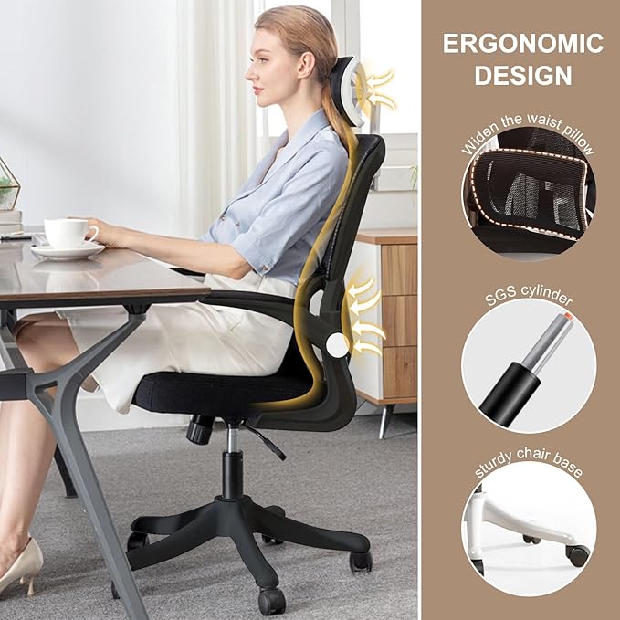 Ergonomic Office Chair Computer Desk Chairs with Flip-up Armrests and Lumbar Support, High Back Mesh Gaming Chairs Rolling Work Swivel Task Chairs with Adjustable Headrest