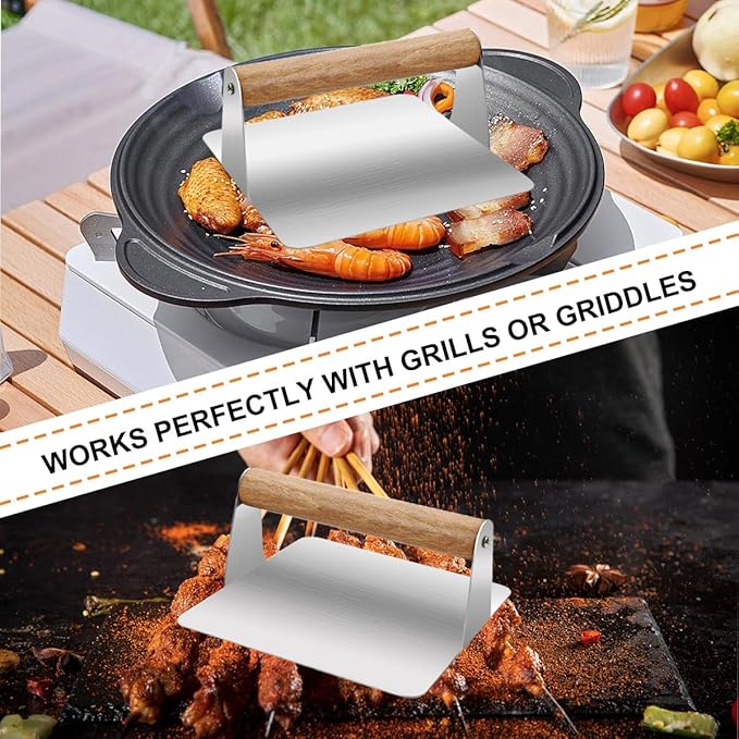 Smash Burger Press,Wood Handle -Anti Scald Non Stick Smooth, Stainless Steel Non Stick Grill Press,Ideal for Flat Top Griddle,Cookouts,Cooking,BBQ - Rectangle Kitchen Tool（5.51X2.95 Inch）