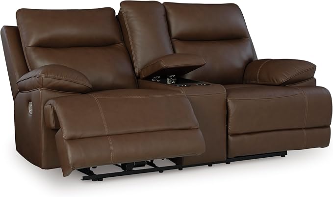 Signature Design by Ashley VonRyan Modern Leather Match Power Reclining Loveseat with USB Ports, Dark Brown