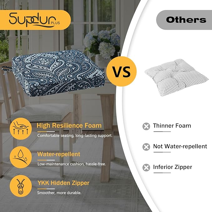 Outdoor Square Corner Seat Cushion, 18.5"x16"x3", Set of 4, Non Slip Seat Cushion Pads with Removable Cover for Patio Furniture, Garden Yard Lawn, Damask Vine