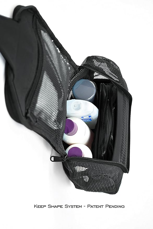 The Fine Living Co. Portable Hanging Shower Caddy Organizer Bag (Free Toiletries Case+Metal Hook) Quick Dry Mesh Shower Caddy Tote Bag Pouch For Bathroom College Dorm Camp Gym Camping 10”x4”x8”(Black)