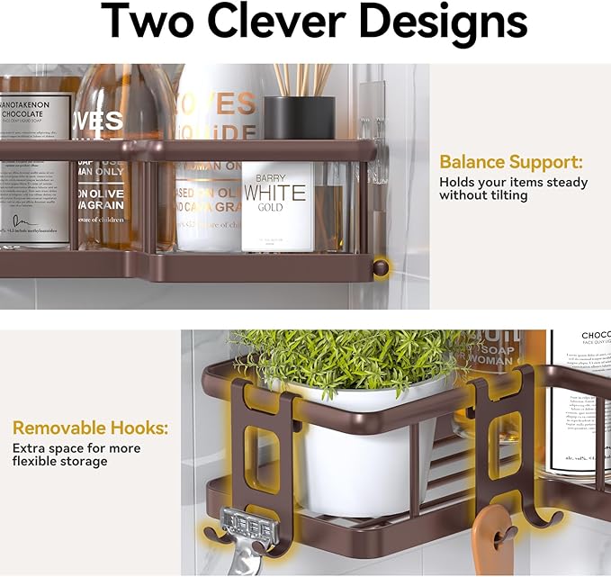 YASONIC Corner Shower Caddy Organizer, 3-Pack Self-Adhesive Rustproof Bath Shelves with Soap Holder & 4 Hooks, Large Capacity Shower Storage Rack for Bathroom Organization - Bronze