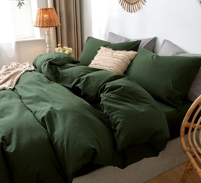 MooMee Bedding Duvet Cover Set 100% Washed Cotton Linen Like Textured Breathable Durable Soft Comfy (Solid Forest Green, Palatial King/Oversized King 120"x98")