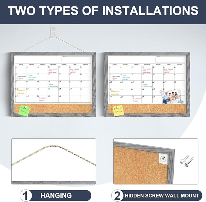 Calendar Whiteboard for Wall, 17x13 Inches Dry Erase Calendar Cork Board Combo, Magnetic Monthly White Board with Wood Framed, Hanging Dry Erase Board for Home Kitchen Office Planner Memo