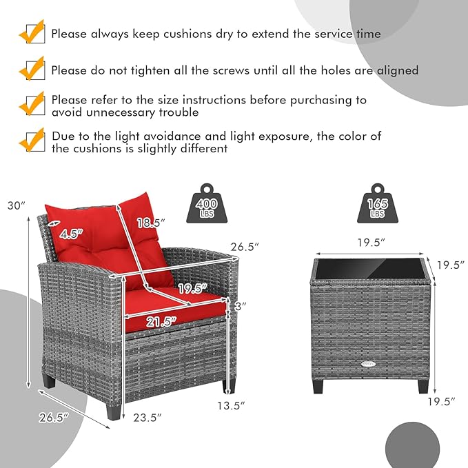 Tangkula 3 Pieces Patio Furniture Set, Outdoor PE Rattan Conversation Chair Set with Tempered Glass Side Table and Removable Cushions, PE Wicker Chairs and Table Set for Porch, Balcony and Garden