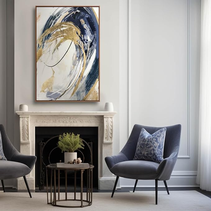 SDYA Gold Wall Decor Living Room Abstract Wall Art Blue Paintings Bedroom Aesthetic Frame Wall Decorations Large Artwork for Home Office 24x36 Inch