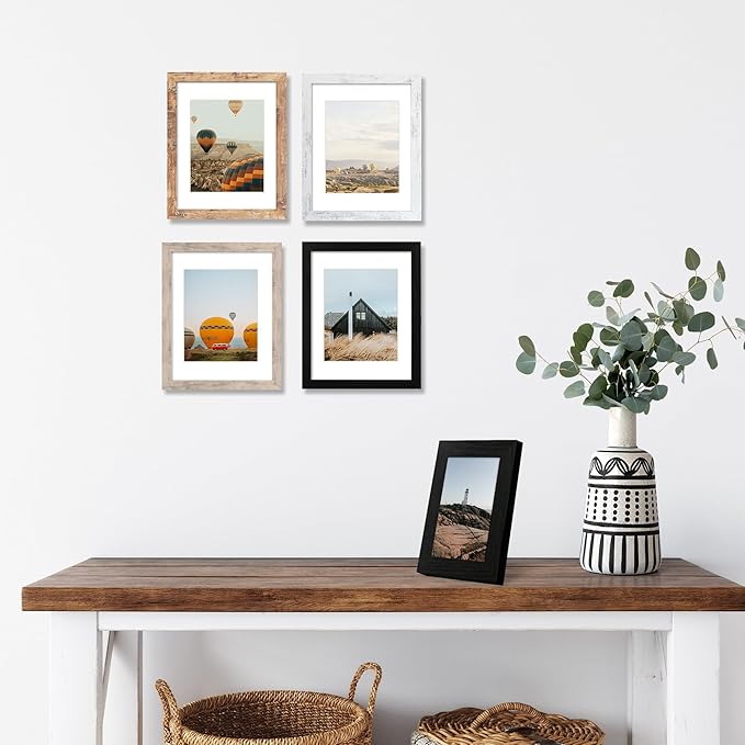 5x7 Picture Frame Set of 4, High Definition Real Glass 5 x 7 Photo Frames for Tabletop Display and Wall Mounting (Distressed White+Smoke Gray+Rustic Brown+Black)