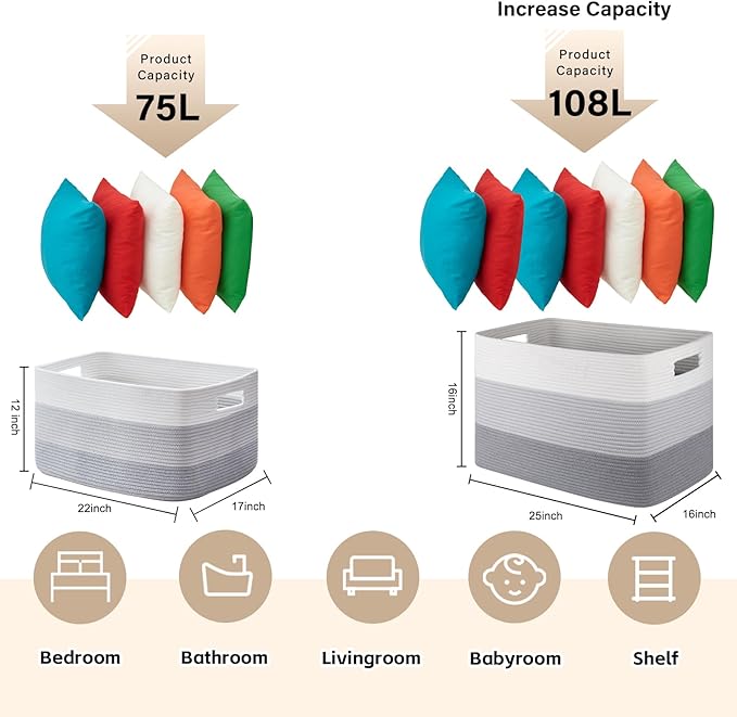 OIAHOMY Large Blanket Basket, 22”x17”x12” Rectangle Woven Baskets, Nursery Blanket Storage Living Room, Toy Storage With Handle, Large Baskets for Organizing-Gradient Grey