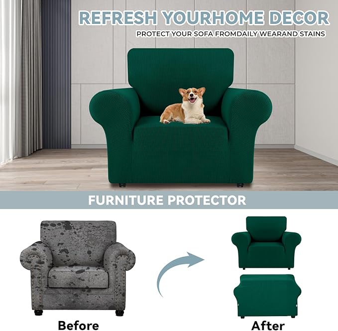LURKA Stretch Chair Sofa Slipcovers 1 Piece Couch Covers for Sofa Furniture Protector Full Sofa Covers with Elastic Bottom for Kids and Dog (Dark Green, Small)