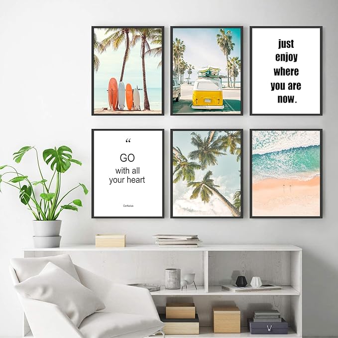 HoozGee Beach Wall Art Prints Set of 6 Summer Seascape Palm Poster Wall Decor Nature Landscape Coastal Surf Art Prints Pictures Photography Photos Print on Canvas Wall Decor (8"x10" UNFRAMED)