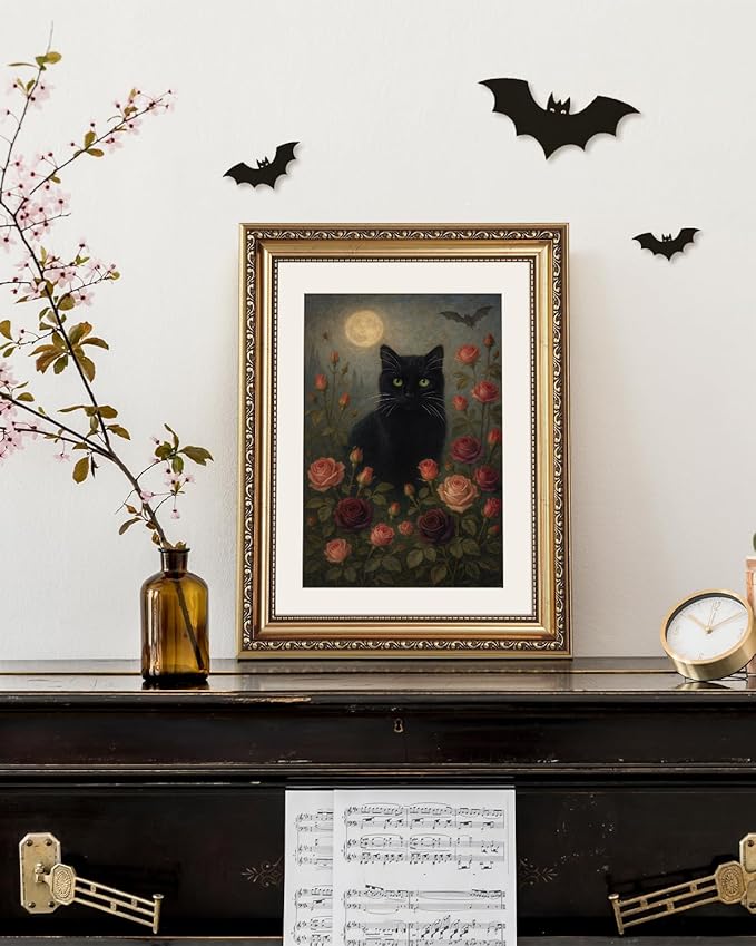 VIYYIEA Vintage Gold Framed Wall Art for Living Room, Black Cat Artwork Prints Decor, Gothic Magicalism Wall Decor, Gallery Picture Painting, for Bedroom Bathroom Kitchen 16L x 13W