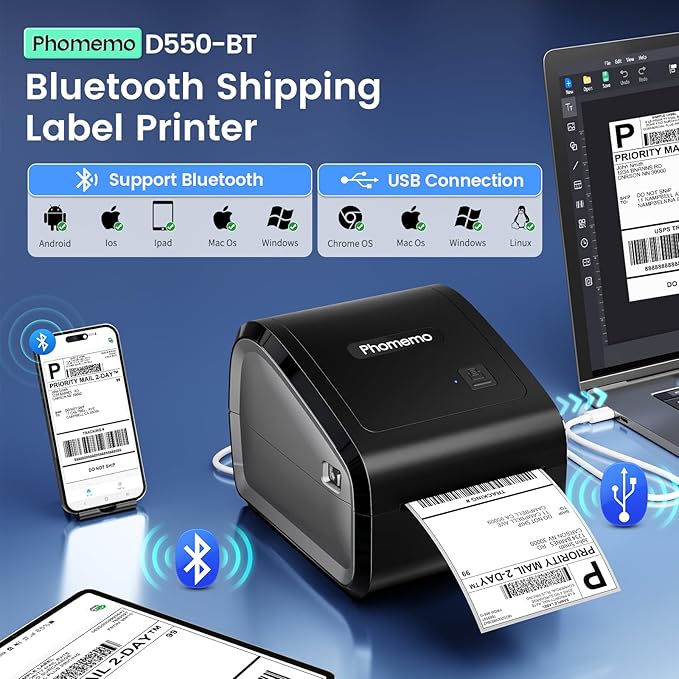 Phomemo Bluetooth Thermal Label Printer, D550BT 4x6 Shipping Label Printer for Small Business, Wireless Barcodes Printer for Shipping Packages, Compatible with iPhone, Android, Mac, Shopify, USPS