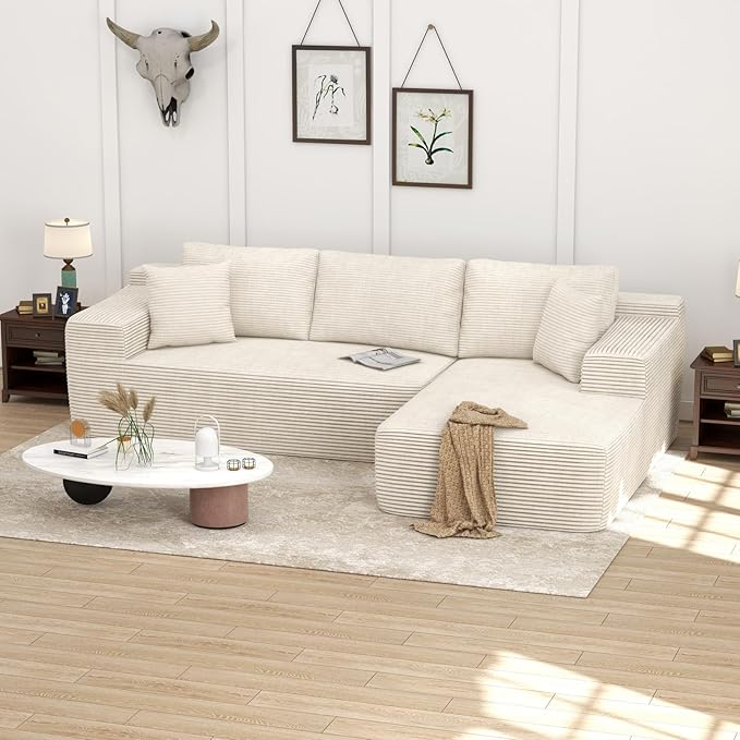 OC Orange-Casual 106.3" Cloud Sectional Couch with L-Shape Chaise,No Assembly Required Modular Sofa,Upholstered Boneless Couches for Living Room, Plush Corduroy Fabric (White, Right Facing Chaise)