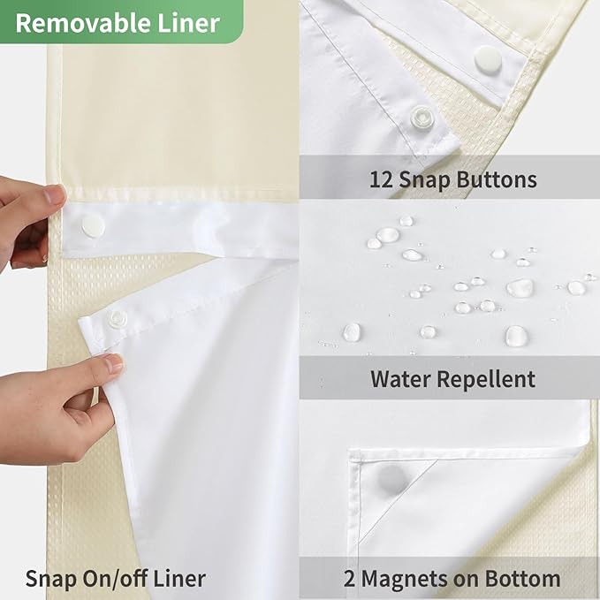 Stall No Hook Shower Curtain with Snap-in Fabric Liner Set,Waffle Weave Shower Curtains for Bathroom,Hotel Luxury Decor Bathroom Curtain Set,Waterproof & Washable,Cream,54Wx80H