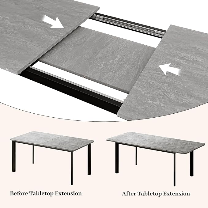 63"- 78.7" Extendable Dining Table, Thickened Expandable MDF Wooden Kitchen Table with Metal Legs, Scratch-Resistant, Easy to Clean