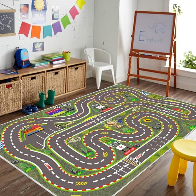 Kids Rug, Race Track Playmat Rugs 94×63 in Kids Carpet with Rubber Backing, Start and Finish line Racing Track Marking Car Road Race 3D Play Mat Nursery Rugs for Children Bedroom Playroom