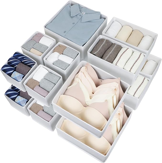 16 Pcs Drawer Organizer,Fabric Closet Organizer and Storage Baskets,Foldable Drawer Divider for Clothing,Sock,Ties,Underwear Drawer Organizers,Cabinet Storage Boxes (White)