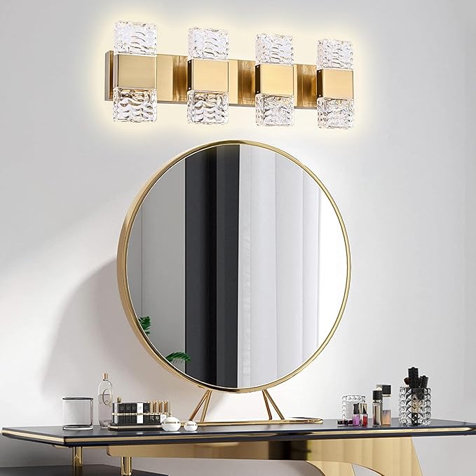 MELUCEE 4 Lights Bathroom Vanity Light Fixtures Modern LED Vanity Lighting Fixture Brass Crystal Vanity Light Bar 32W LED Wall Mounted Lamp Above Mirror Sink Dressing Table, 3000K Warm Lighting