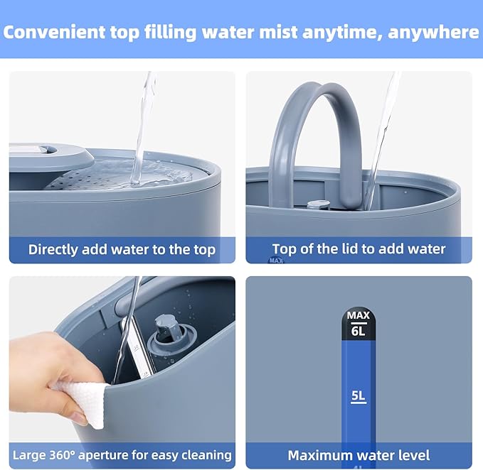 6L Humidifiers for Bedroom Large Room Home, Cool and Warm Humidifiers for Baby and Plants Mist Top Fill Desk Humidifiers Essential Oil Diffuser, Quiet with Adjustable Mist,360°Nozzle-Blue