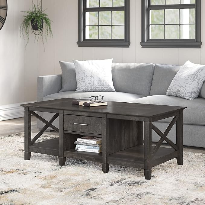 Bush Furniture Key West Coffee Table with Storage in Dark Gray Hickory
