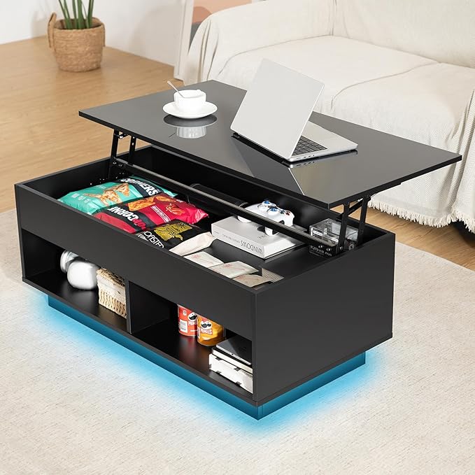 LED Coffee Table Black Lift Top Coffee Table with Storage Modern Tea Table with Hidden Compartment Lift Up Dining Center Table with LED Light for Living Room Home Office