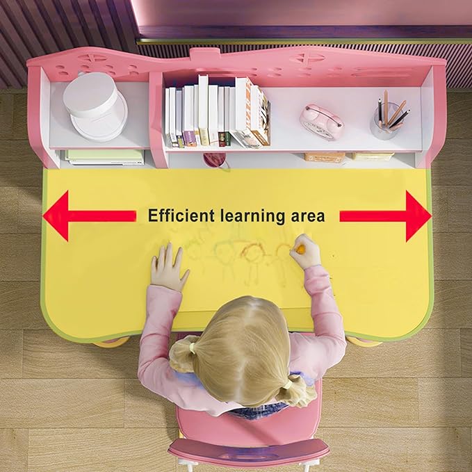 Kids Adjustable Study Desk & Chair Set w/Storage,Drawers,Bookshelf,Child Toddler Writing Homework Table,Little Girl Work Computer Desk,Princess Preschool Desk,Escritorio Mesas para Niña (Pink A)