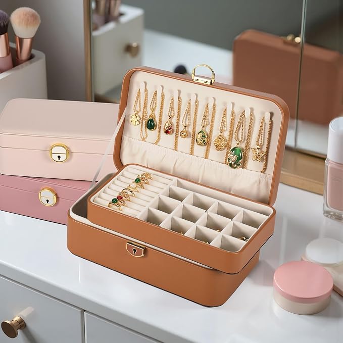 Travel Jewelry Case With Lock, 2-Layer PU Leather Jewelry Box for Women, Ring Box and Jewelry Organizer, Large Jewelry Travel Case,Best Gifts for Women for the Holidays(Brown)