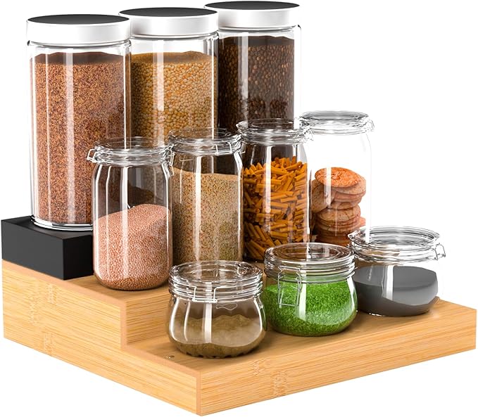 Spice Rack, Bamboo Spice Rack Kitchen Cabinet Organizer Expandable - Bamboo 3 Tier Figurine Display Shelf, Adjustable Magnetic 3 Tier Spice Racks, Brown & Black Combination