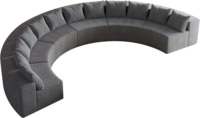 KEIKI 6 Seater Corduroy Curved Sectional Sofa, Symmetrical Modular Semi Circular Couch, Deep Seat Tufted Corner Sofa for Living Room, Lobby, Gray