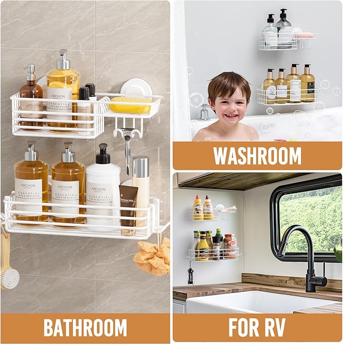 LEVERLOC Shower Caddy Suction Cup, 2 Pack Shelves for Inside with Hooks and Soap Holder, NO-Drilling Bathroom Holder, Rustproof Meatl Bathroom Organizer, White