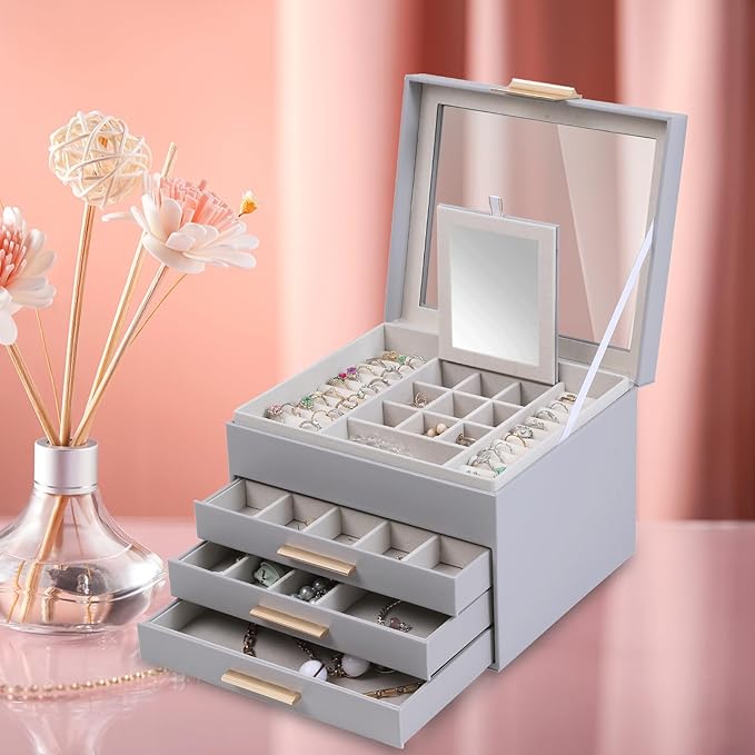 BOOVO Clear Lid Jewelry Box,4 Layers Jewelry Organizer Large Jewelry Storage Box with 3 Drawers,Jewelry Holder Organzier of Rings Earrings Necklace Bracelets for Women (Grey, 4 Layer)