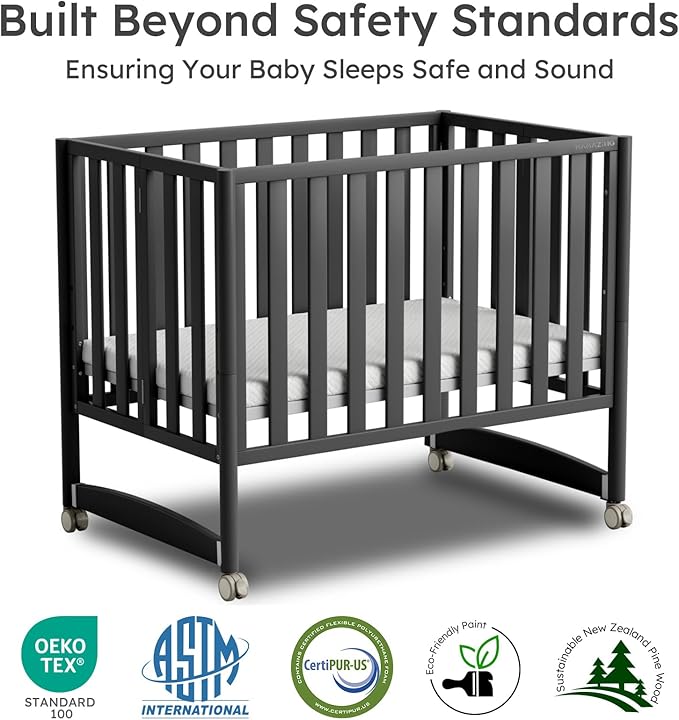 EvoNook 6-in-1 Convertible Mini Crib, 100% New Zealand Solid Wood, 4 Adjustable Mattress Heights, Black with Matttress (Crib with Mattress, Black)