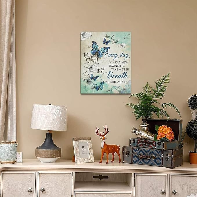 Farmhouse Floral Wall Decor - Teal Butterfly Canvas Prints with Inspirational Quotes - Modern Home Decorations for Bathroom, Girls Bedroom, Living Room