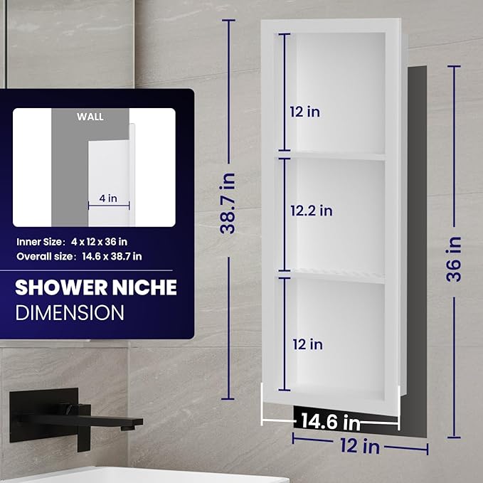 Stainless Steel Shower Niche 12" X 36"，3-Tier Shelf Niches Bathroom Shelf Recessed Wall Niche No Tile Needed Shower Shelf for Bathroom Storage(White, 12 x 36)