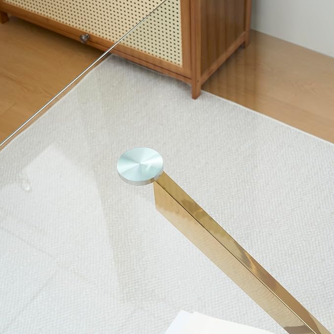 Goujxcy 5 Piece Glass Dining Table Set Modern Small Glass Dining Table Set for 4, 35.43" Square Kitchen Table and 4 Velvet Upholstered Chairs for Kitchen Dining Room, Gold & Blue