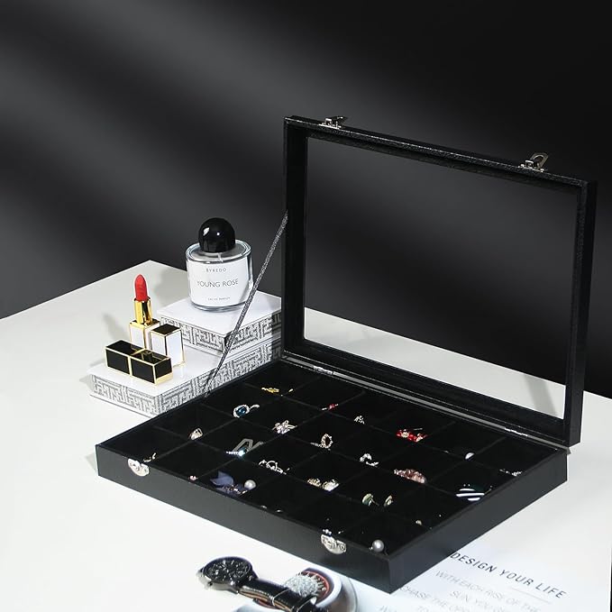 Coward Jewelry Organizer Box, Black Velvet 24 Grids Ring Earring Jewelry Display Tray Case with Transparent Glass Lid for Home Drawer or Shop Selling