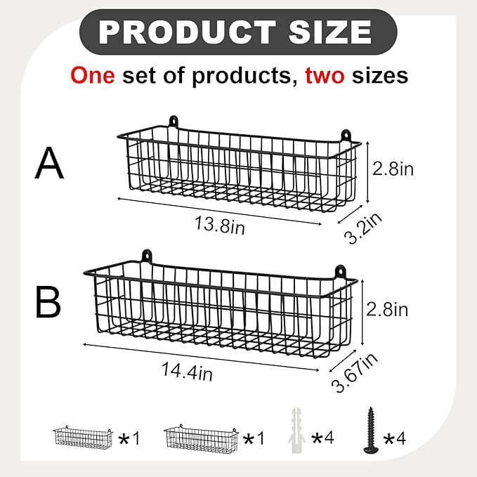 Spice Rack Organizer Wall Mount, 2 Pack Black Seasoning Rack Wire Storage Baskets for Wall or Cabinet Door in Kitchen and RV