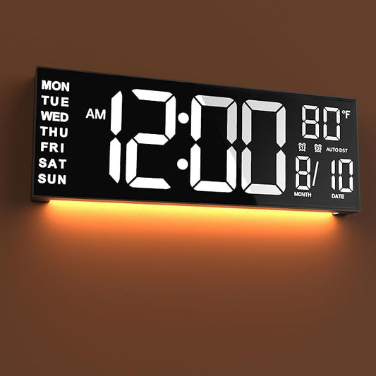 JALL 16" Large Digital Wall Mount Clock, Count Down Timer, Alarm, Big LED, DST, Temperature for Living Room Classroom Desk, Xmas, Birthday Gift for Senior Men Women Mom Dad, White