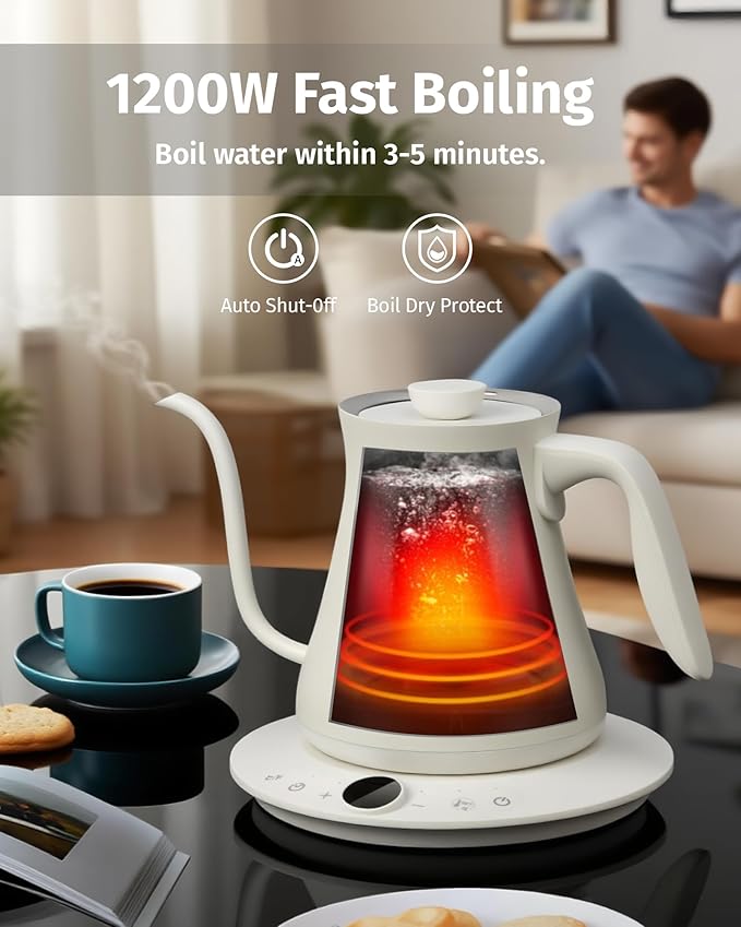 INFOOD 0.8L Gooseneck Electric Kettle, Precise Temperature Control for Pour Over Coffee & Tea, 1200W Fast Boiling Water, Auto Shut Off, Scheduling, Stainless Steel, White