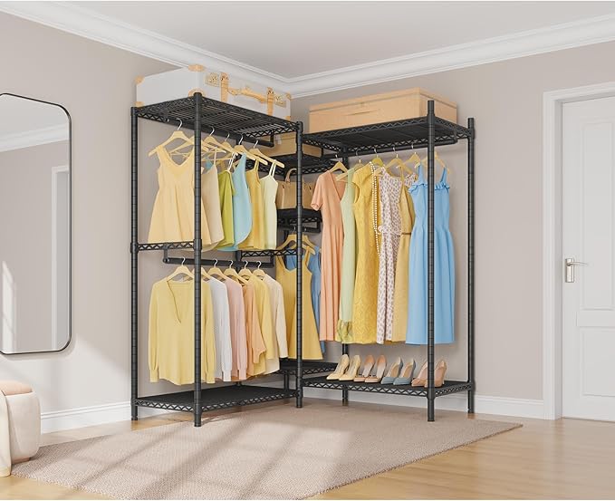 VIPEK L6 Heavy Duty Clothes Rack L Shape Clothing Rack 5-Tier Wire Garment Rack Freestanding Closet with 7 Adjustable Shelves & 4 Hanging Rods, 46.5" L x 46.5" W x 76.4" H, Max Load 850LBS, Black