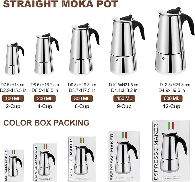 4 Cup Stovetop Espresso Maker Stainless Steel Moka Pot Stove Top Percolator Italian Coffee Makers Capable Mocha Greca Machine Cafe Classic Induction Cookers for Home and Camping 200ml 6.6oz
