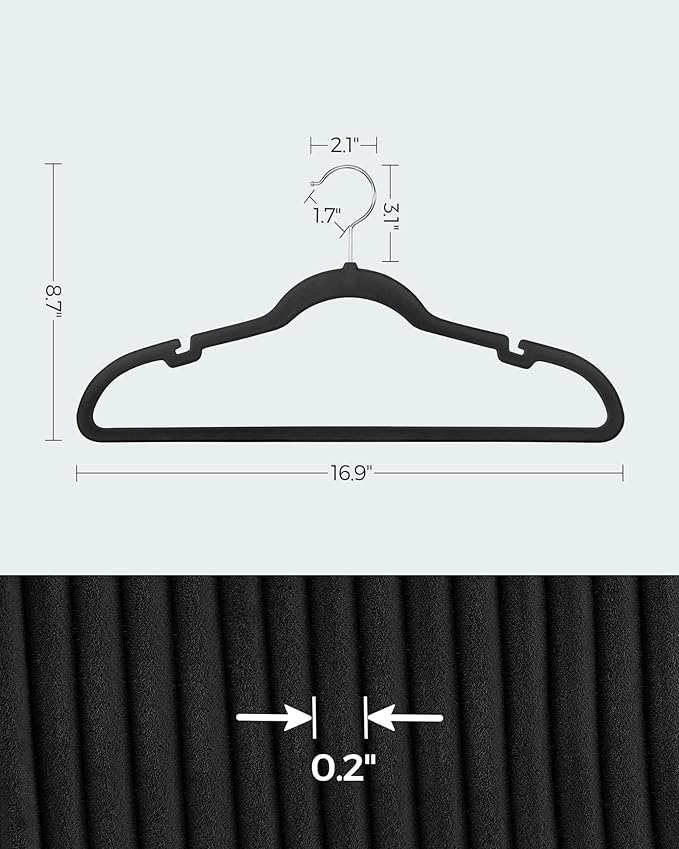 SONGMICS Velvet Hangers 30 Pack, Non-Slip Clothes Hangers, Suit Hangers with Shoulder Notches, Pants Bar, 360° Swivel Hook, Space-Saving, for Closet, Ink Black UCRF029B03